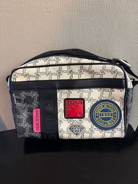 TOUS Black & White Crossbody Bag with Colorful Patch Accents